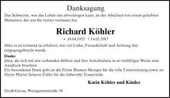 Traueranzeige von Richard Köhler von Trauerportal Echo Online
