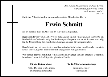Traueranzeige von Erwin Schmitt von Trauerportal Rhein Main Presse