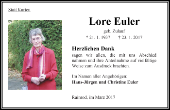Traueranzeige von Lore Euler von VRM Trauer