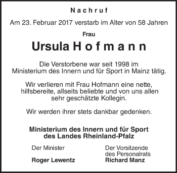 Traueranzeige von Ursula Hofmann von Trauerportal Rhein Main Presse