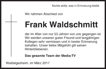 Traueranzeige von Frank Waldschmitt von Trauerportal Rhein Main Presse