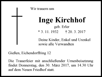 Traueranzeige von Inge Kirchhof von  Gießener Anzeiger