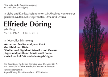 Traueranzeige von Elfriede Döring von Trauerportal Rhein Main Presse