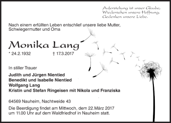 Traueranzeige von Monika Lang von Trauerportal Rhein Main Presse