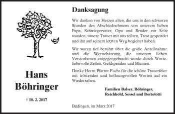 Traueranzeige von Hans Böhringer von  Kreisanzeiger