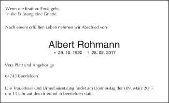 Traueranzeige von Albert Rohmann von Trauerportal Echo Online
