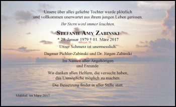 Traueranzeige von Stefanie Amy Zabinski von Trauerportal Echo Online