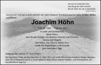 Traueranzeige von Joachim Höhn von Trauerportal Rhein Main Presse