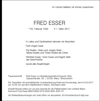 Traueranzeige von Fred Esser von Trauerportal Rhein Main Presse