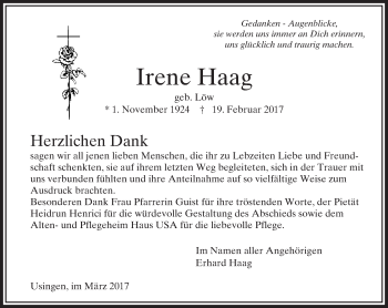 Traueranzeige von Irene Haag von  Usinger Anzeiger