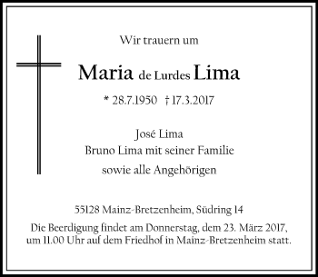 Traueranzeige von Maria de Lurdes  Lima von Trauerportal Rhein Main Presse