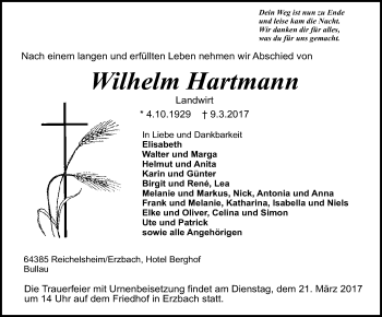 Traueranzeige von Wilhelm Hartmann von Trauerportal Echo Online