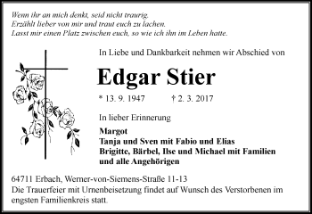 Traueranzeige von Edgar Stier von Trauerportal Echo Online
