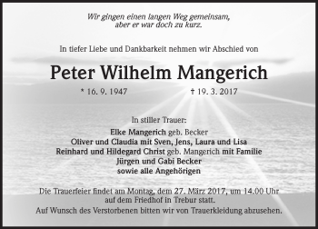 Traueranzeige von Peter Wilhelm Mangerich von Trauerportal Rhein Main Presse
