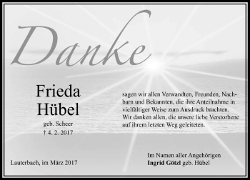 Traueranzeige von Frieda Hübel von VRM Trauer