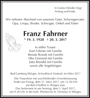 Traueranzeige von Franz Fahrner von  Camberger Anzeiger
