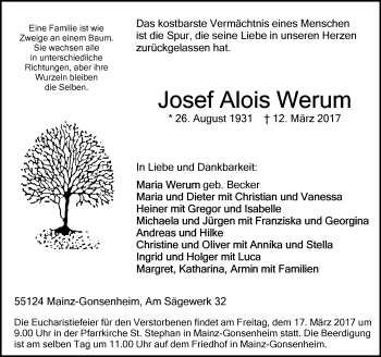 Traueranzeige von Josef Alois Werum von Trauerportal Rhein Main Presse