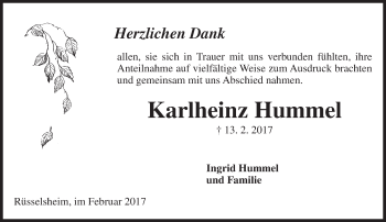 Traueranzeige von Karlheinz Hummel von Trauerportal Rhein Main Presse
