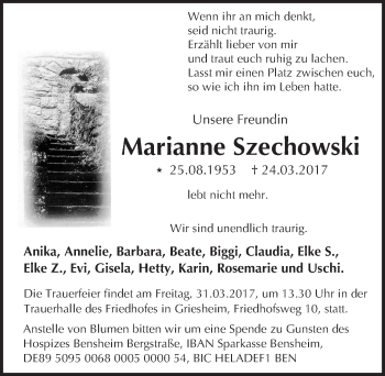 Traueranzeige von Marianne Szechowski von Trauerportal Echo Online