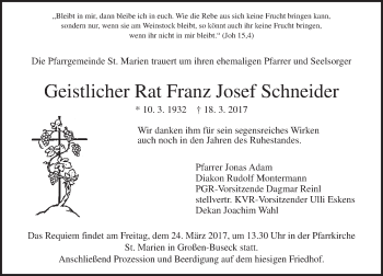Traueranzeige von Franz Josef Schneider von  Gießener Anzeiger