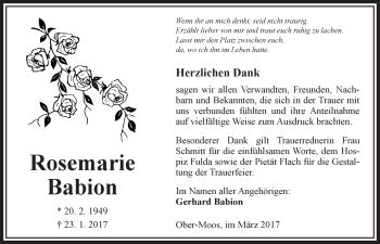 Traueranzeige von Rosemarie Babion von  Kreisanzeiger