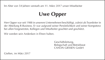 Traueranzeige von Uwe Opper von  Gießener Anzeiger