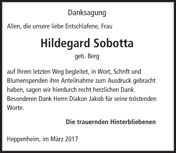 Traueranzeige von Hildegard Sobotta von Trauerportal Echo Online