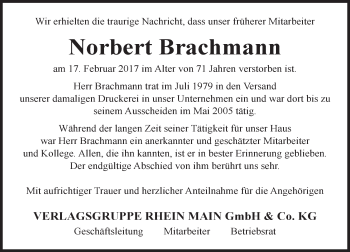 Traueranzeige von Norbert Brachmann von Trauerportal Rhein Main Presse