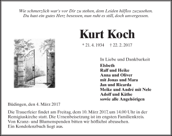 Traueranzeige von Kurt Koch von  Kreisanzeiger