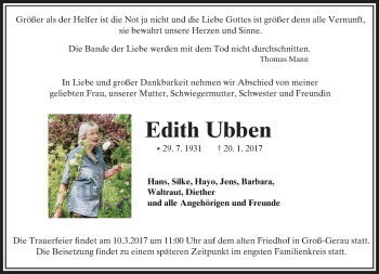 Traueranzeige von Edith Ubben von Trauerportal Echo Online
