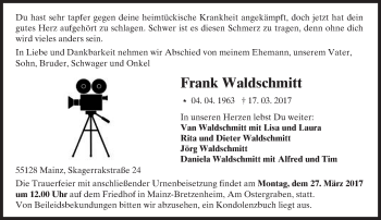 Traueranzeige von Frank Waldschmitt von Trauerportal Rhein Main Presse