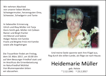 Traueranzeige von Heidemarie Müller von Trauerportal Echo Online