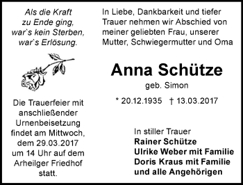 Traueranzeige von Anna Schütze von Trauerportal Echo Online