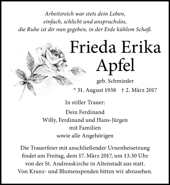 Traueranzeige von Frieda Erika Apfel von  Kreisanzeiger