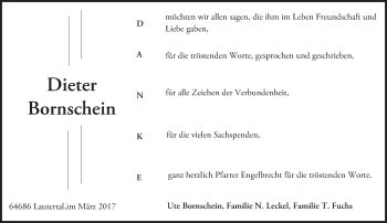 Traueranzeige von Dieter Bornschein von Trauerportal Echo Online