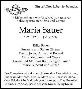 Traueranzeige von Maria Sauer von Trauerportal Rhein Main Presse