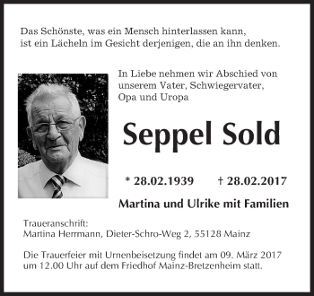 Traueranzeige von Seppel Sold von Trauerportal Rhein Main Presse
