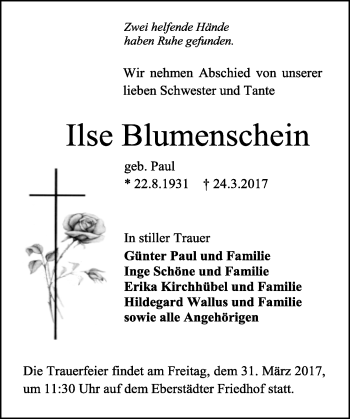 Traueranzeige von Ilse Blumenschein von Trauerportal Echo Online