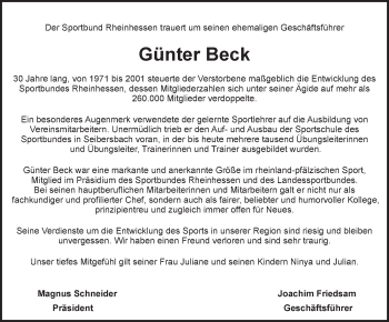 Traueranzeige von Günter Beck von Trauerportal Rhein Main Presse