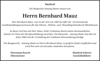 Traueranzeige von Bernhard Mauz von Trauerportal Rhein Main Presse
