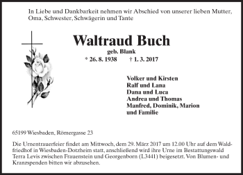 Traueranzeige von Waltraud Buch von Trauerportal Rhein Main Presse Traueranzeige von Waltraud Buch von Trauerportal Rhein Main Presse