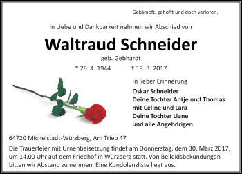 Traueranzeige von Waltraud Schneider von Trauerportal Echo Online