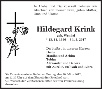 Traueranzeige von Hildegard Krink von Trauerportal Echo Online