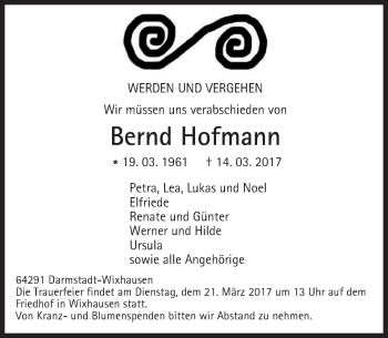 Traueranzeige von Bernd Hofmann von Trauerportal Echo Online