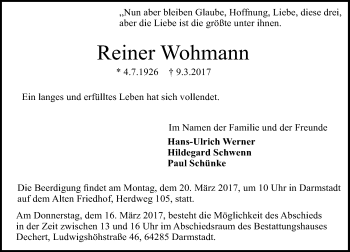 Traueranzeige von Reiner Wohmann von Trauerportal Echo Online