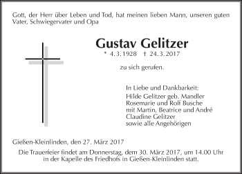 Traueranzeige von Gustav Gelitzer von  Gießener Anzeiger