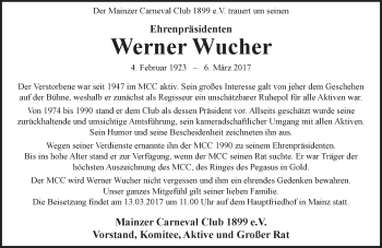 Traueranzeige von Werner Wucher von Trauerportal Rhein Main Presse