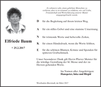 Traueranzeige von Elfriede Baum von Trauerportal Rhein Main Presse Traueranzeige von Elfriede Baum von Trauerportal Rhein Main Presse