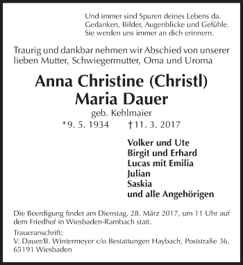 Traueranzeige von Anna Christine Maria Dauer von Trauerportal Rhein Main Presse