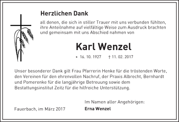 Traueranzeige von Karl Wenzel von  Kreisanzeiger